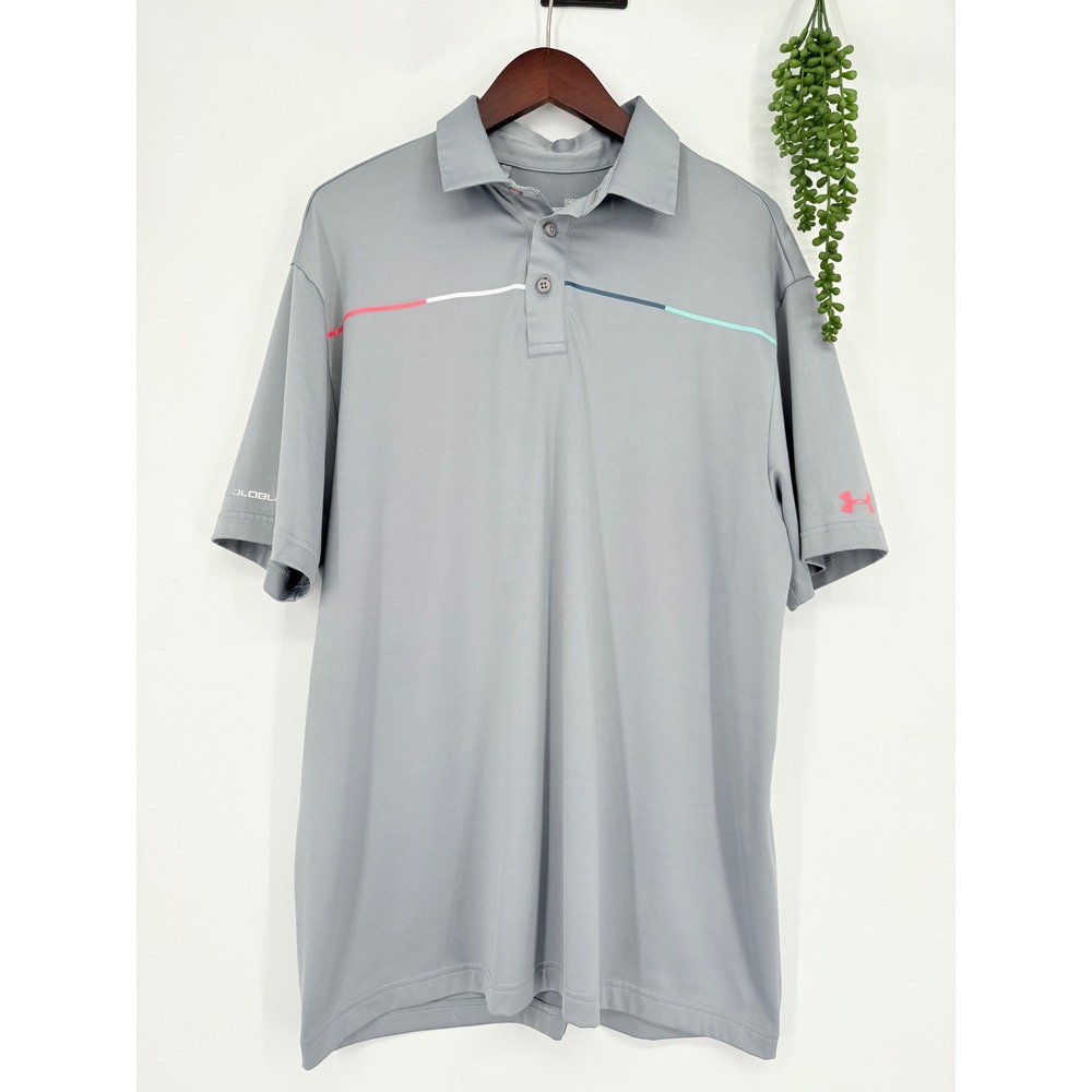 Under Armour Golf Polo Shirt Coldback Heatgear Striped Performance‎ Gray Large